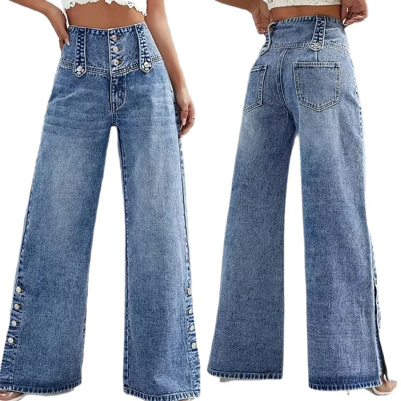 Pantalones vaqueros de pierna ancha con puños y botones de cintura alta para mujer, ropa de calle Vintage de nuevo estilo de otoño, pantalones largos de mezcla de algodón y poliéster