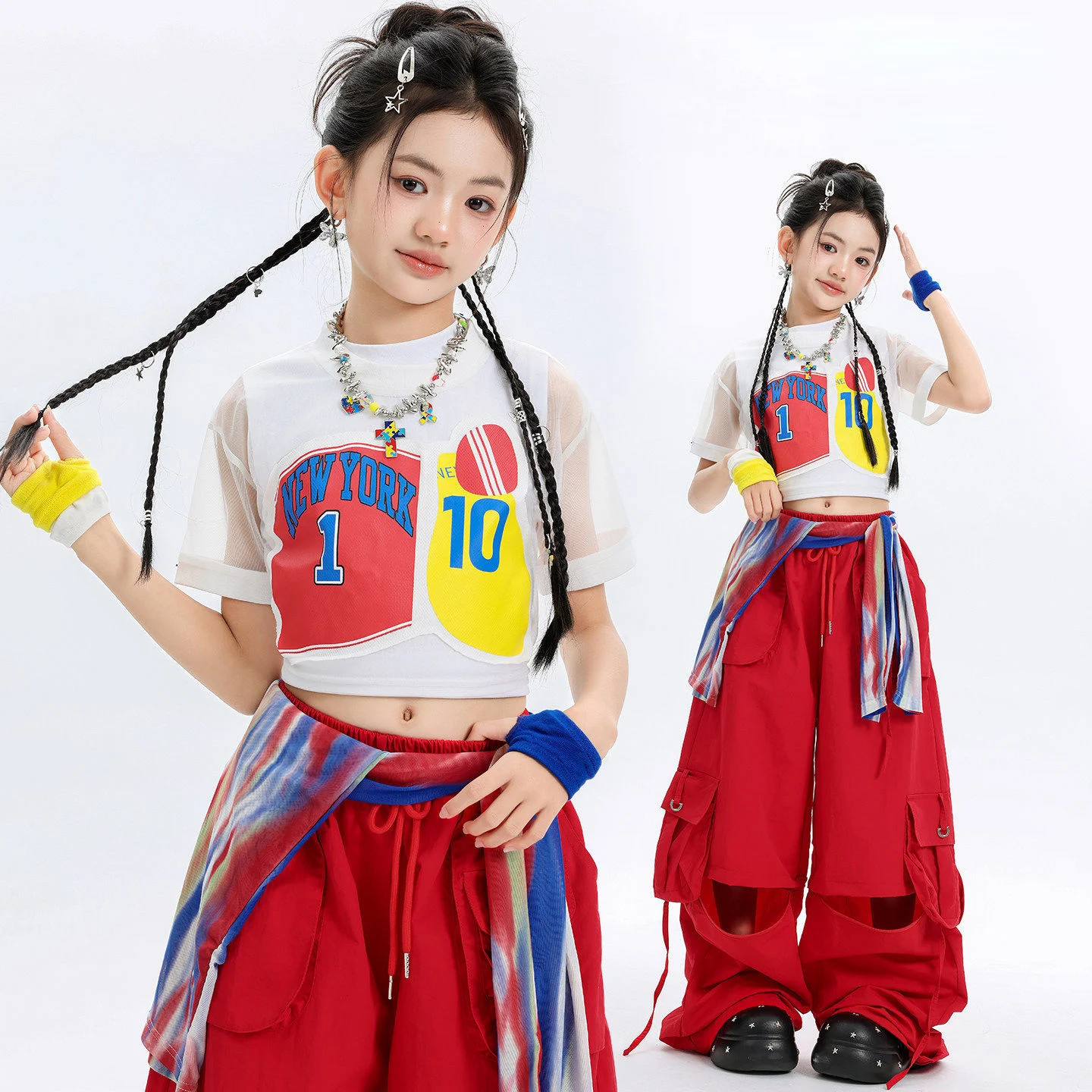 Kid Kpop Hip Hop Clothing White Graphic Mesh Crop T Shirt Red Knee Zip Cargo Baggy Pants for Girls Street Dance Costumes Clothes