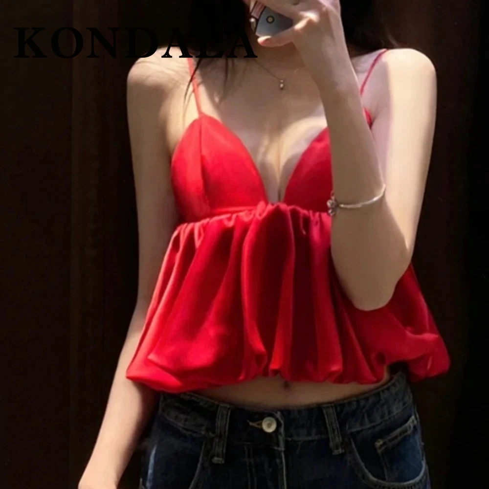 

KONDALA Chic Red Solid Y2K Сексуальный плиссированный женский жилет с открытой спиной Cami Fashion 2025 Лето Puff Top Mujer Короткий сексуальный складной топ на бретелях