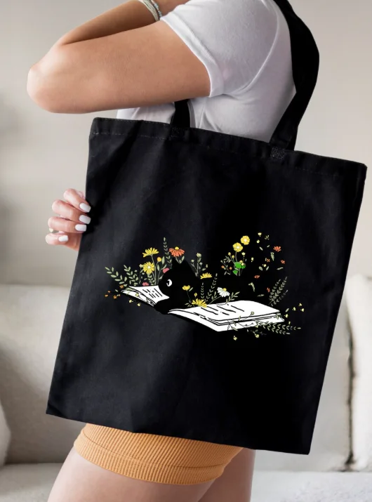 Cute Cat and Book Floral Canvas Bag Tote Bag Versatile Minimalist Shoulder Bag for Men Women Casual Reusable Shopping Handbag