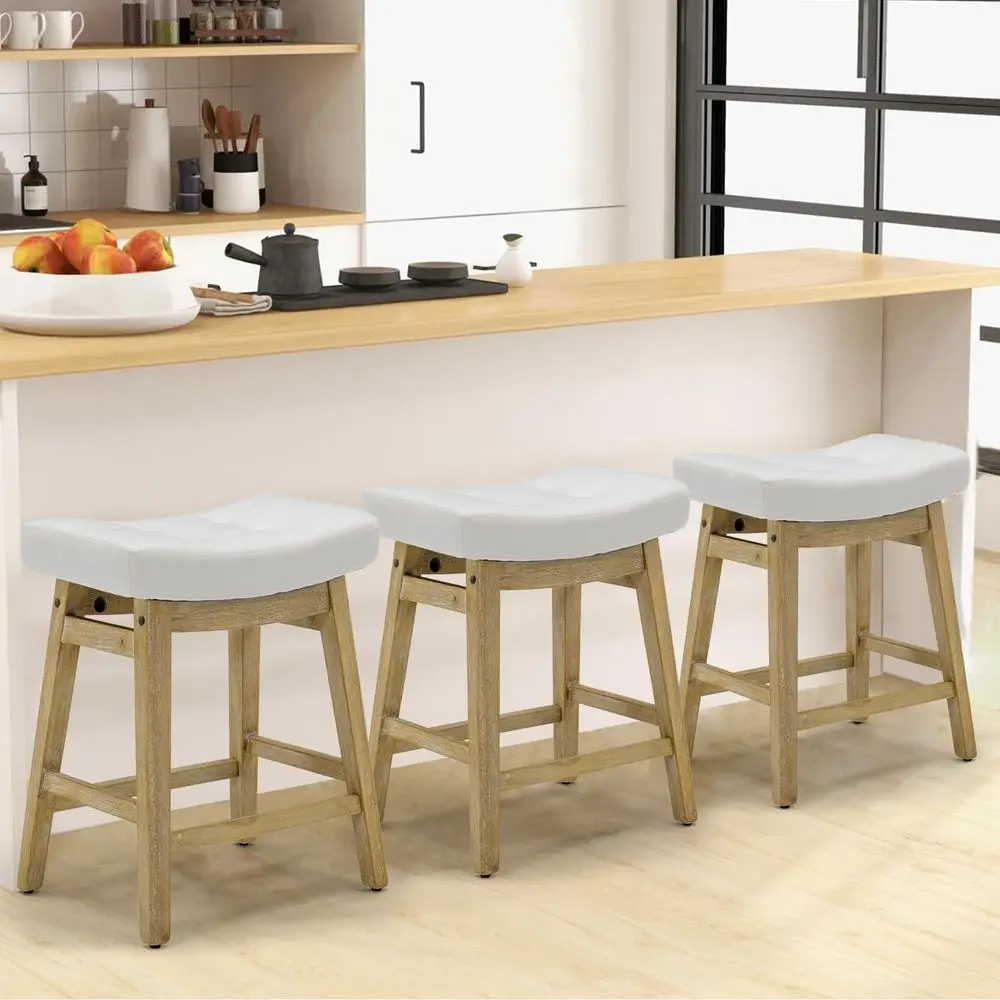 

Counter Height Bar Stools Set of 3, Barstools with Upholstered Leather Saddle Seat and Solid Wood Legs 24 Inch Kitchen Counter