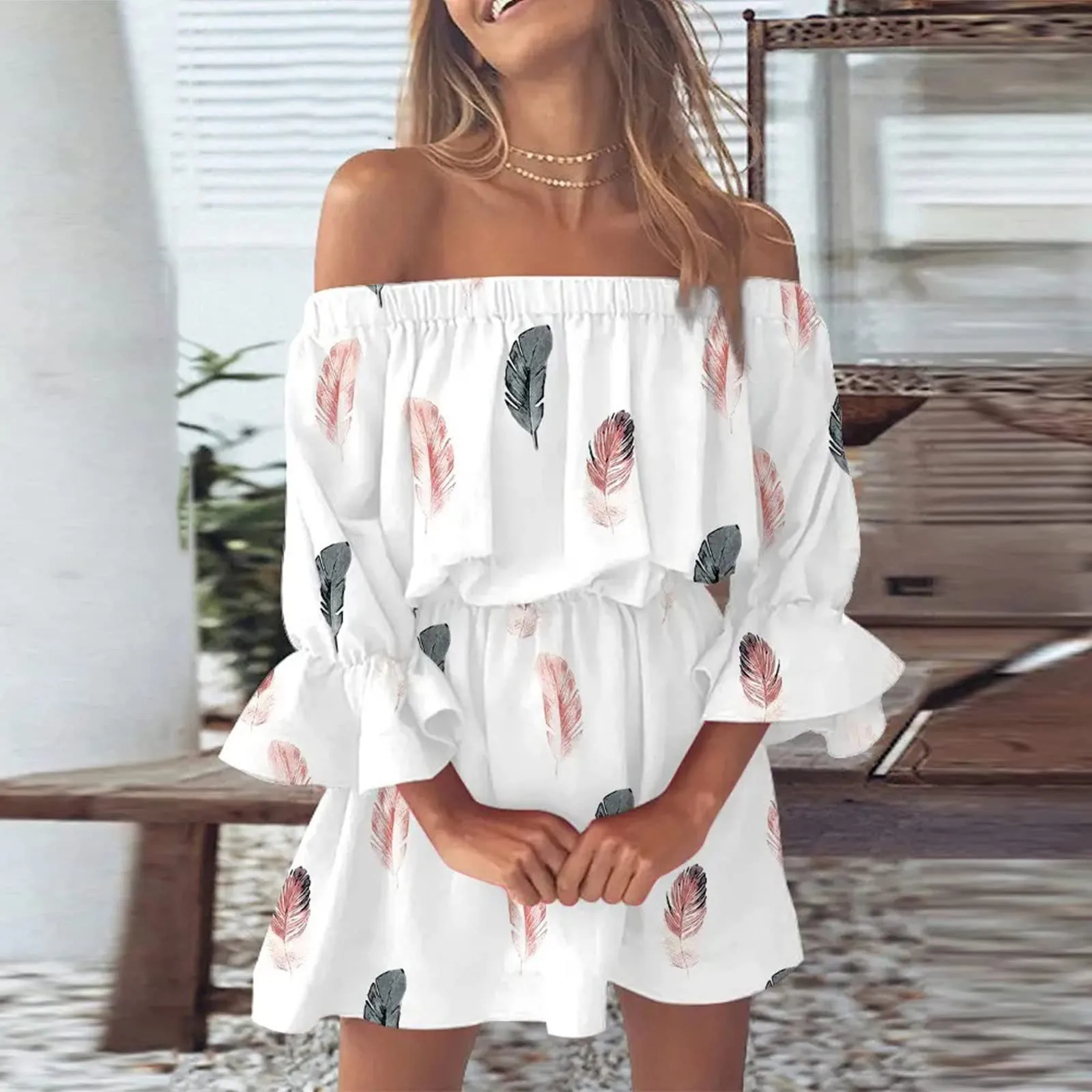 Women'S Off-The-Shoulder Slimming Dress Flower Print Petal Sleeve Waist Dress One Line Shoulder Fashion Sexy Comfortable Dress