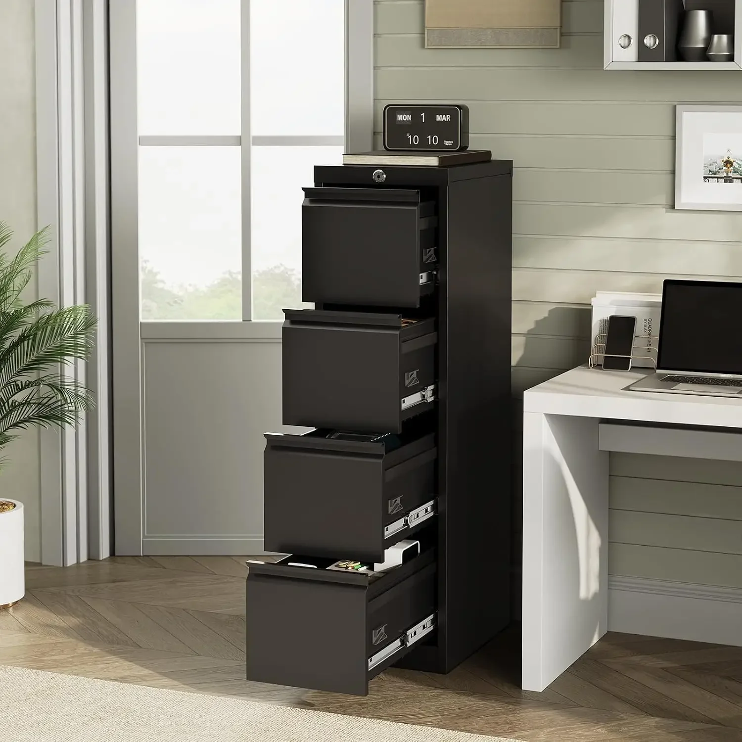 4 Drawer File Cabinet with Lock, Metal Filing Cabinets, Vertical Small Filing Cabinet Steel Lockable Storage Cabinets for Home O
