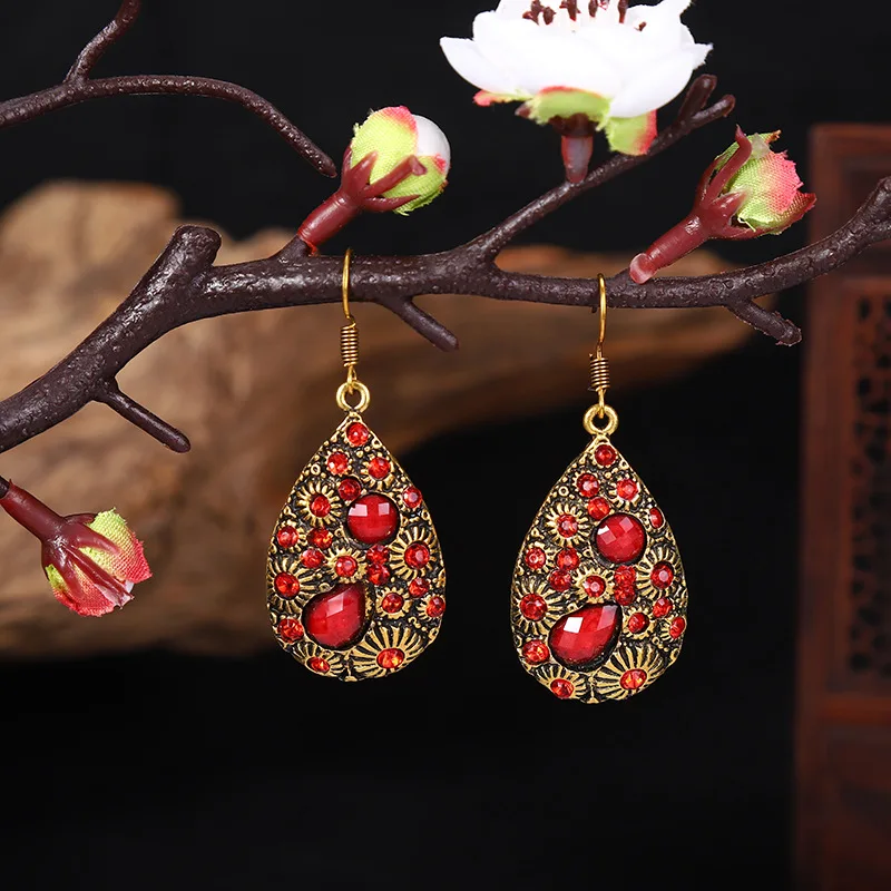 Ethnic Bohemian Vintage Crystal Rhinestone Acrylic Water Drop Dangle Earrings For Women Carved Antique Gold Color Boho Earrings