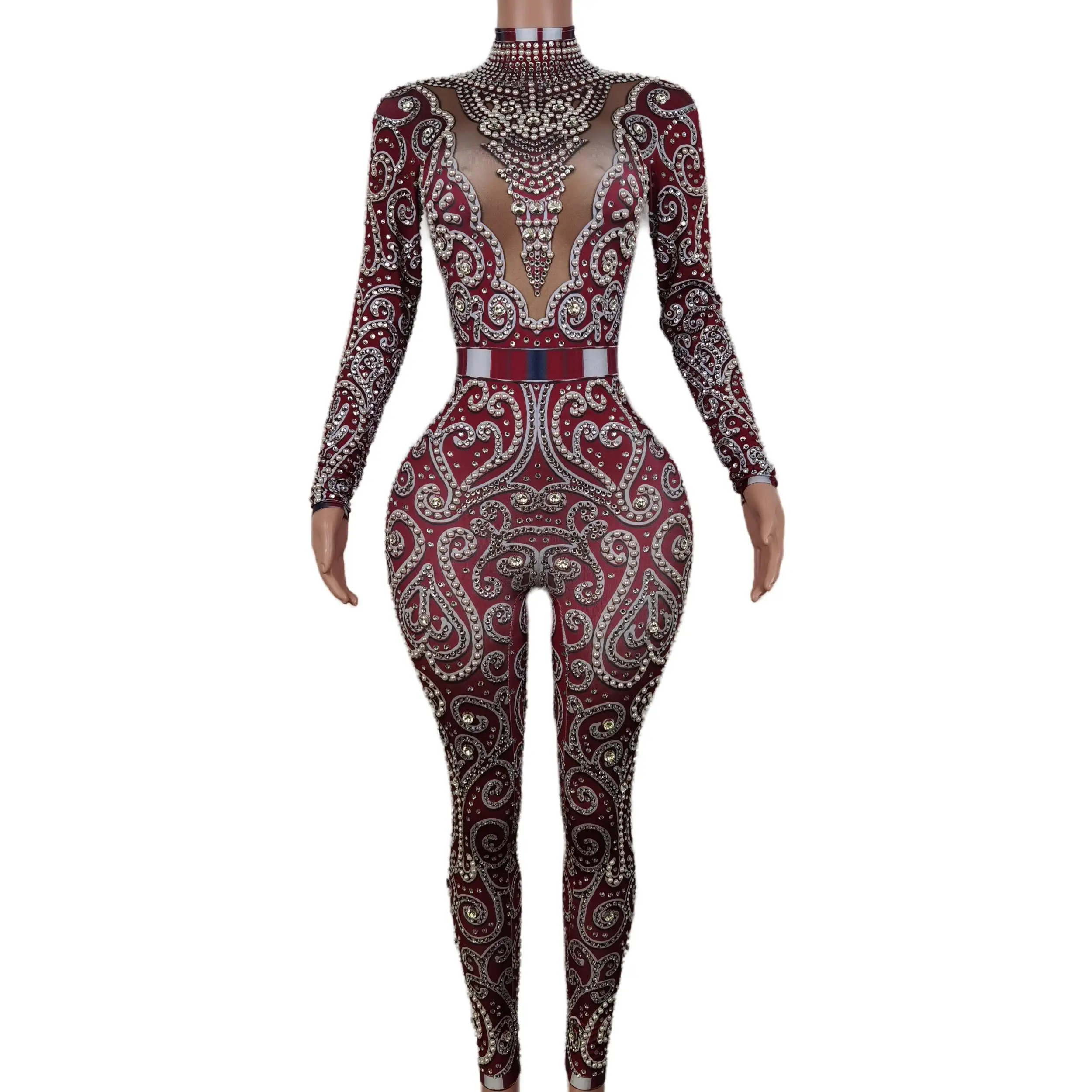 

Lady Sparkly Red Long Sleeve Crystal Rompers Pole Dance Bodycon Bodysuits Stage Performance Wear Women Party One Piece Jumpsuits