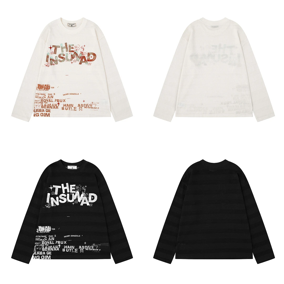 Camiseta de Manga Longa com Estampa Gráfica de Letras e Textura de Listras Sutis, Oversized, Unissex, Estilo Streetwear, Gola Redonda, Estampa Vintage