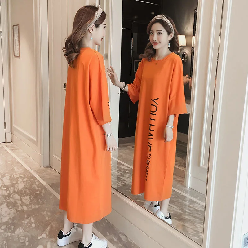 

Korean Style Women Summer Letter Printed T-shirt Long Dress Loose Large Size S M - 4XL Womens Casual Dress Vestidos Daily Wear