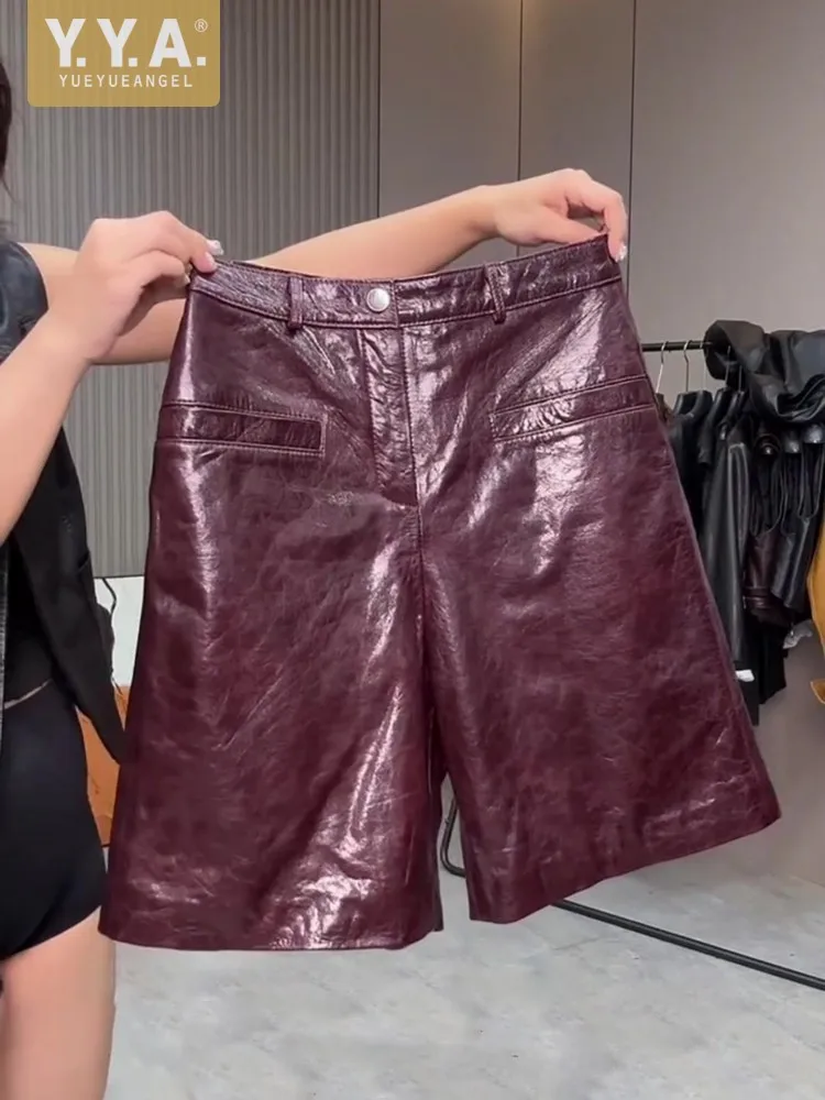 

Casual Elegant Women Winter Encore Red PU Leather High Waist Pants Loose Fit Fashion Ladies Versatile Trousers Streetwear Shorts