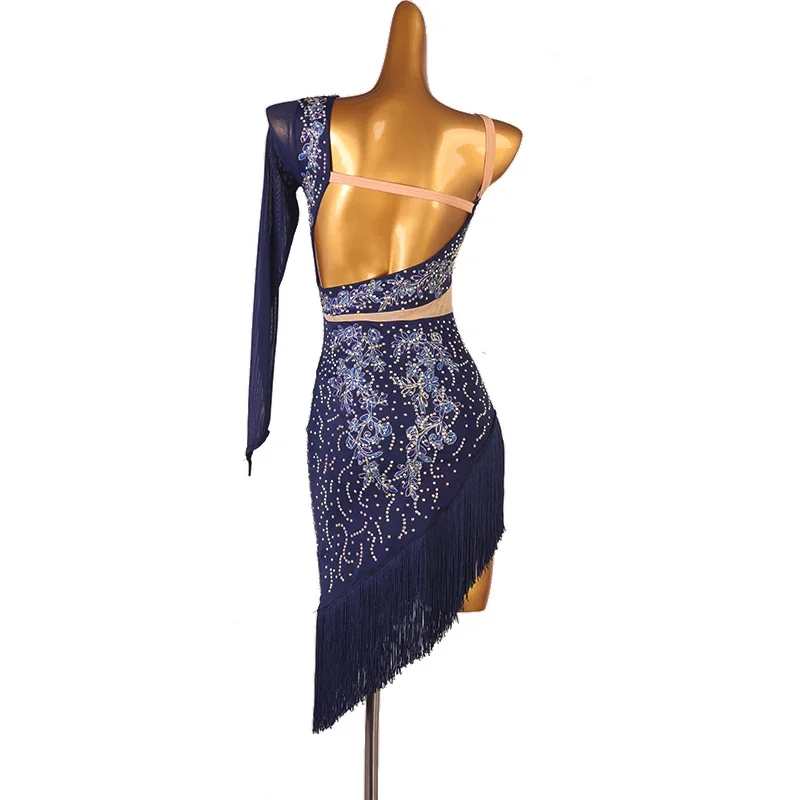 Vestido de dança latina personalizado com borla para mulheres, manga longa, malha chinlon, junta dividida, strass, treinamento de performance, 7 cores