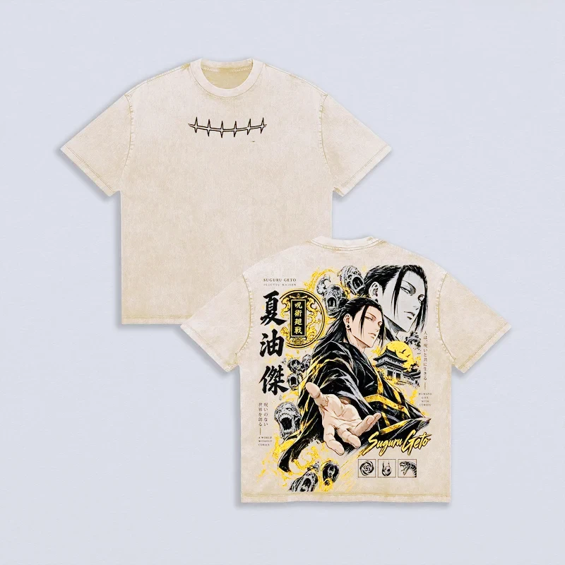 Anime Jujutsu Kaisen Suguru Geto T-shirt Vintage Distressed Washed Tee Back Graphic Print Short Sleeve Oversized Unisex T Shirts