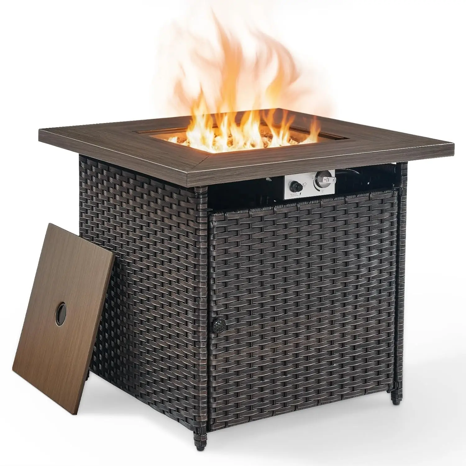 Brown Resin Wicker Outdoor Fire Table - 30in Square Gas Fire Pit with 50000 BTU, Lava Rocks and Lid - Perfect for Patio, Garden,