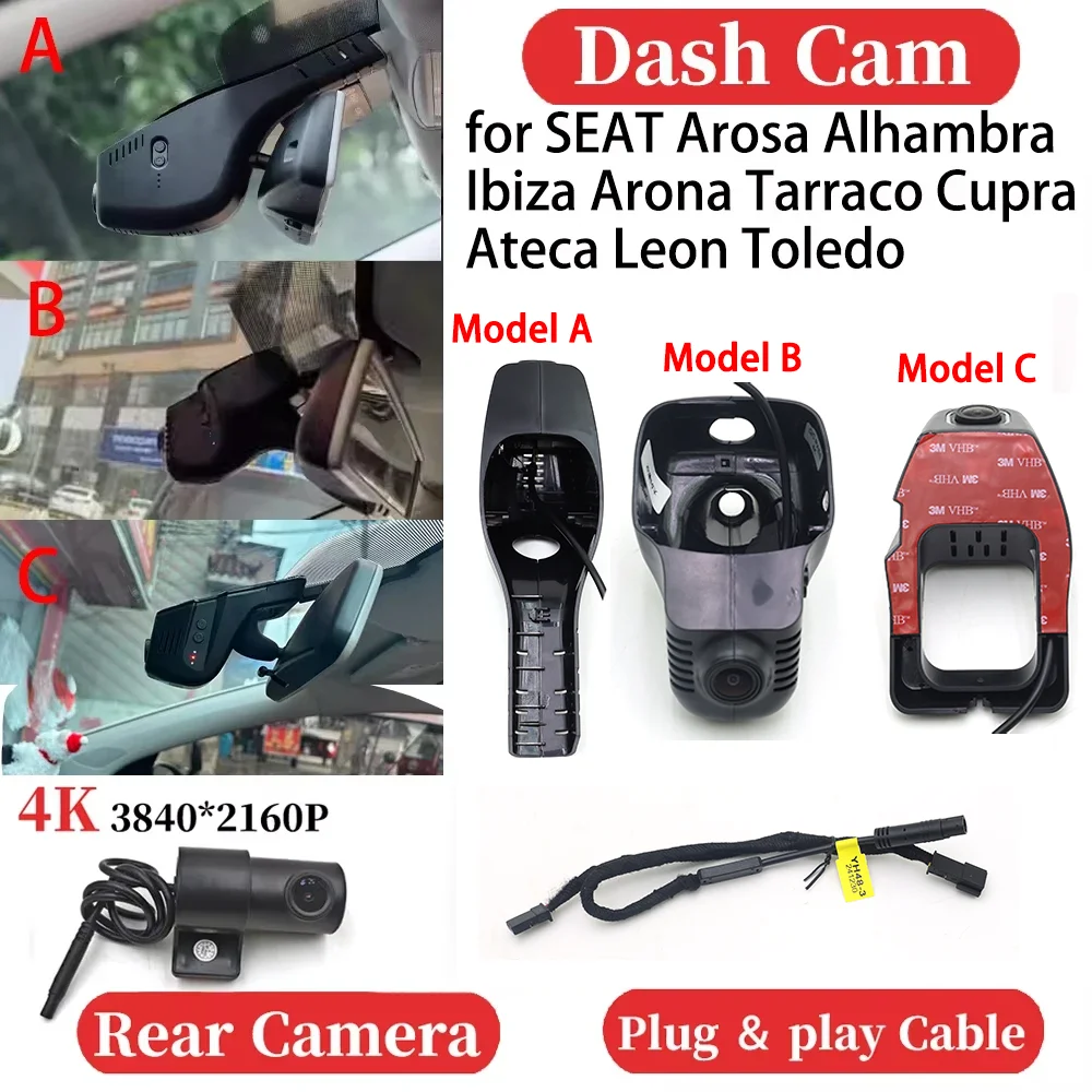 for SEAT Arosa Alhambra Ibiza Arona Tarraco Cupra Ateca Leon Toledo UHD Car 4K Video Recorder DVR Dash Cam Dashboard Camera