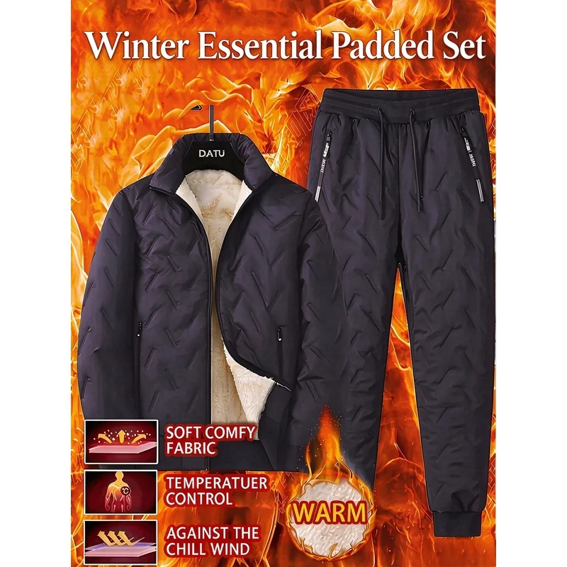 Winter Men's Down Jacket Set Men's Stand Up Collar Jacket Pants Two-Piece Set With Plush Lining Warm Winter Men's Clothing For M