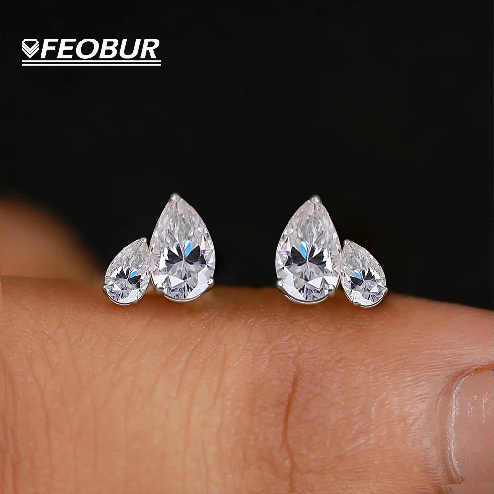 

FEOBUR 3cttw Pear Cut Moissanite Stud Earrings for Women 925 Sterling Silver Certified Waterdrop 2-stone Ear Stud Jewelry GRA