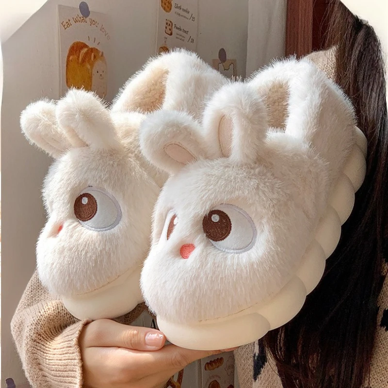 Cute Cartoon Rabbit Cotton Slippers For Women Winter House Shoes Warm Plush Thick Sole Anti-slip Female Home Floor Fluffy Slides