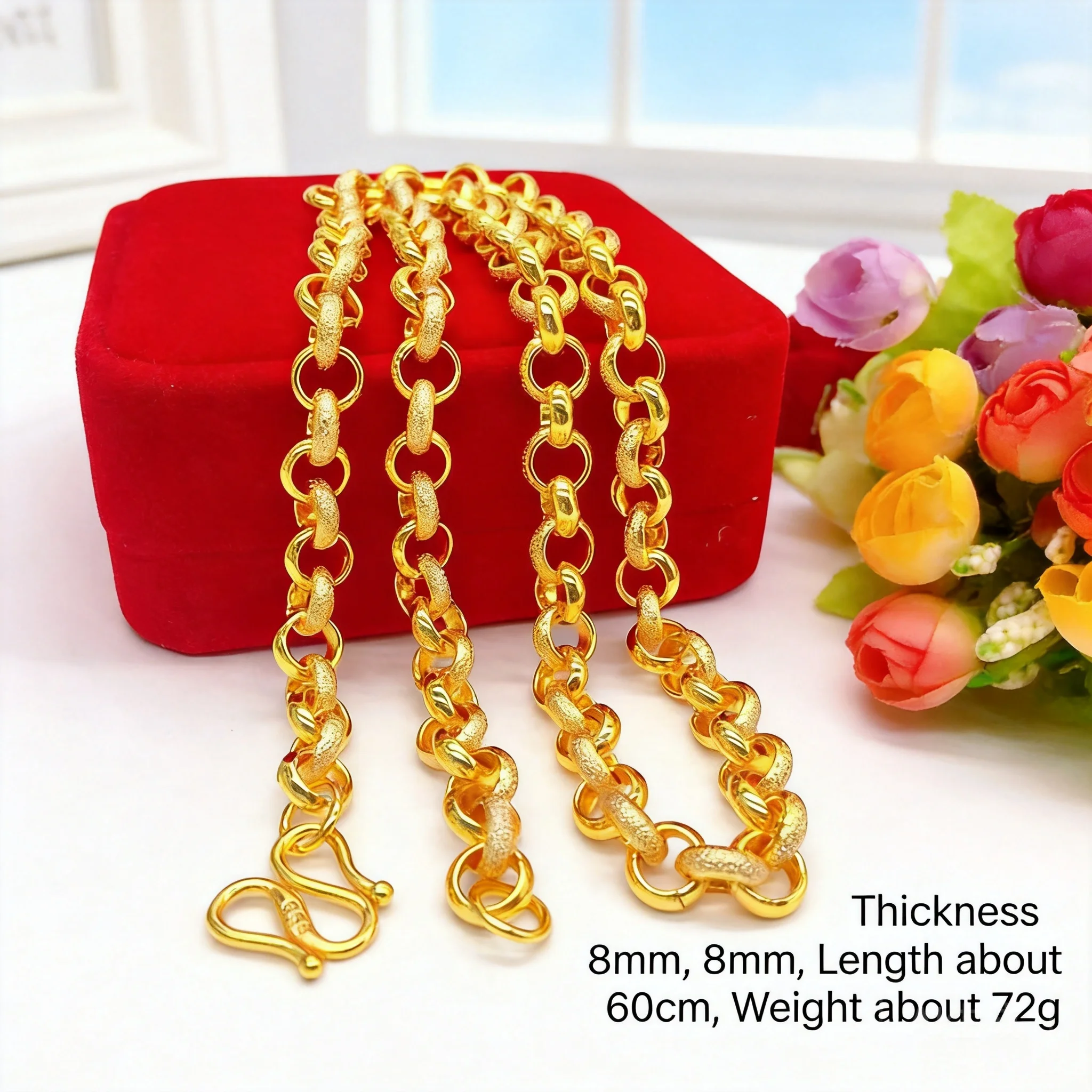 Gold Plated Brass Necklace For Men Women Daily Party Gift Jewelry 8mm Wide 60cm Long Polished And Frosted Circle Link Chain 2026