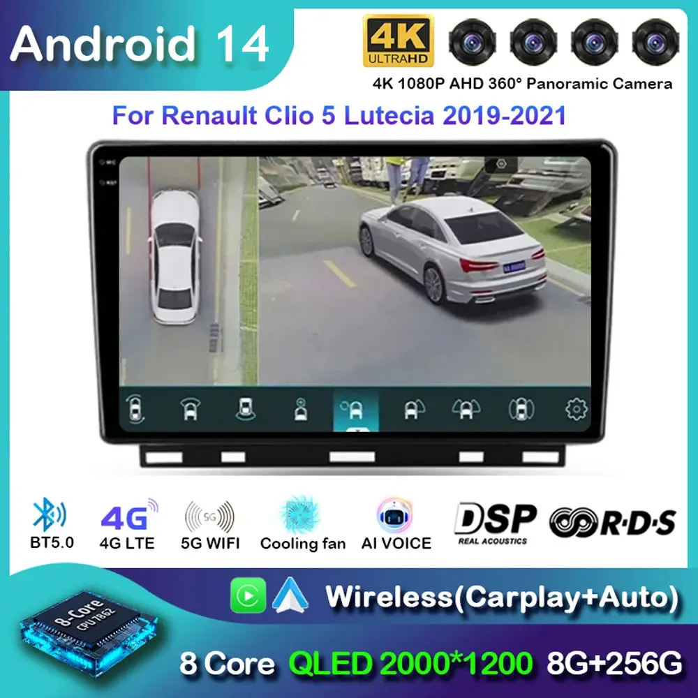 For Renault Clio 5 Lutecia 2019 - 2021 Android 14 Auto Car Radio Multimedia Video Player GPS Navigation Carplay Wifi 360 Camera