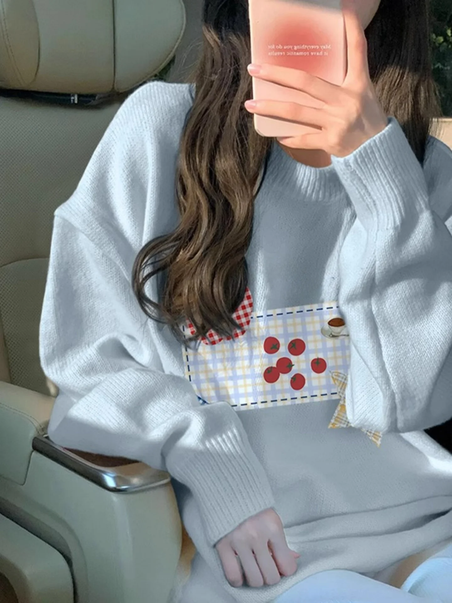 

Korean Sweet Light Blue round Ne Sweater Jaet Women's Winter BF Lazy Sle Loose Ele Outerwear Knitted Top