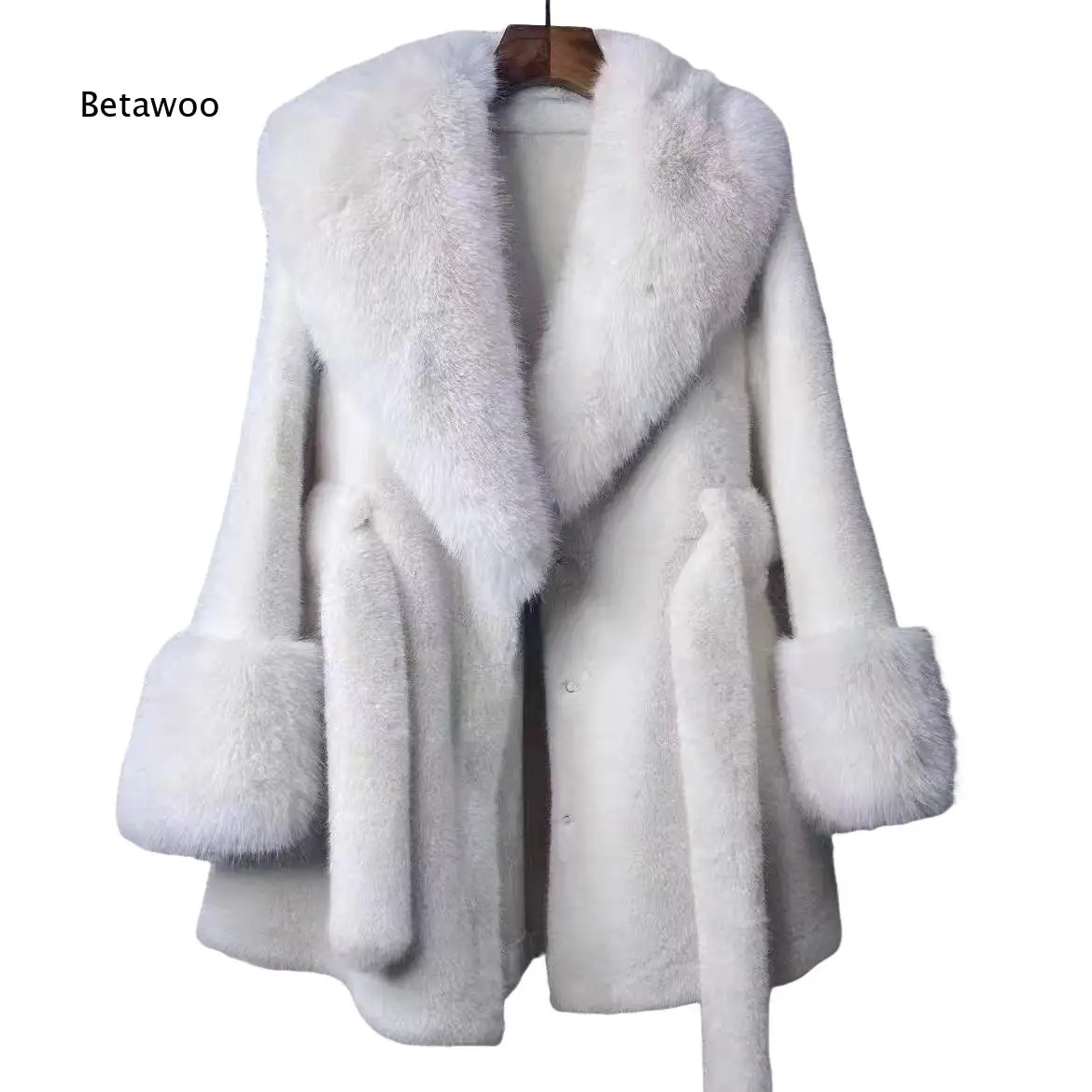 Womens Autumn Winter Faux Fur Outerwear Wide Collar Furry Cuffs Belted Mid Length Coat For Street Style And Formal Events