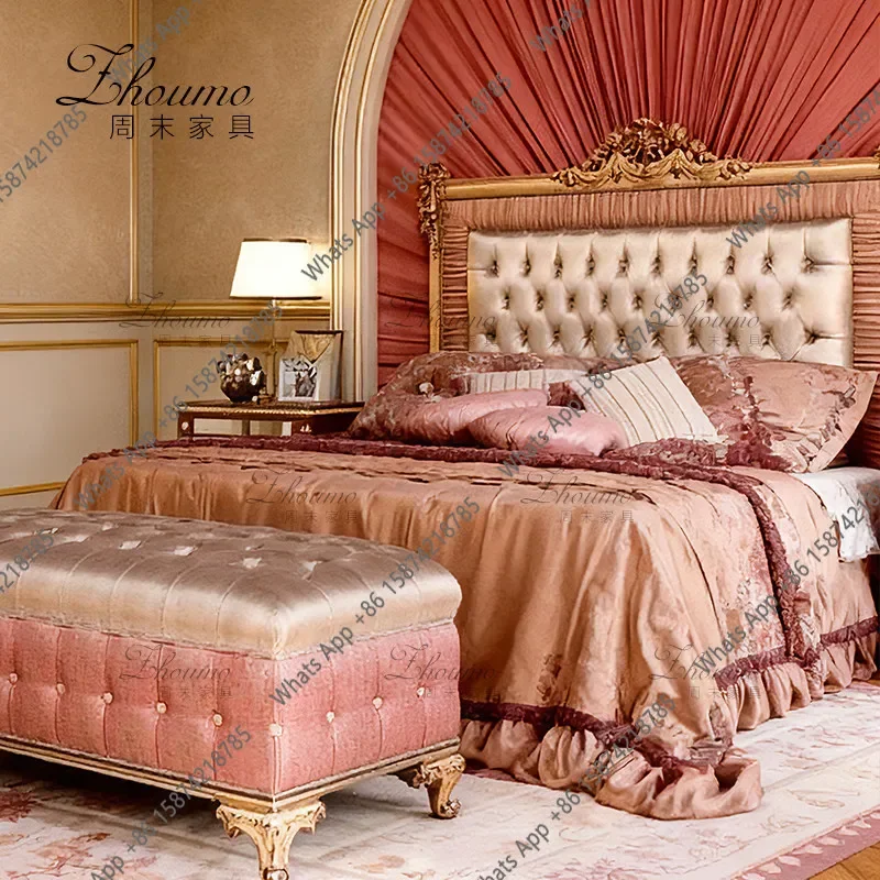X30 American Carved Pull Button Fabric Bed Retro Simple Red Velvet Double Bed French Light Luxury Soft Bag Backrest Bed