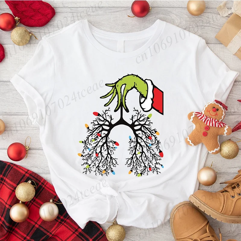 Christmas Nurse T-Shirts for Women Lung Christmas Lights Shirts Respiratory Therapist Tee Funny Pulmonologist X-mas T-Shirt Top