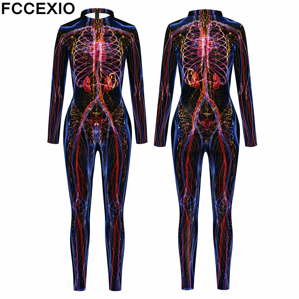 

FCCEXIO Organ Fluoroscopy 3D Print Women Sexy Skinny Jumpsuit Carnival Cosplay Costumes Bodysuit Party Rompers monos mujer