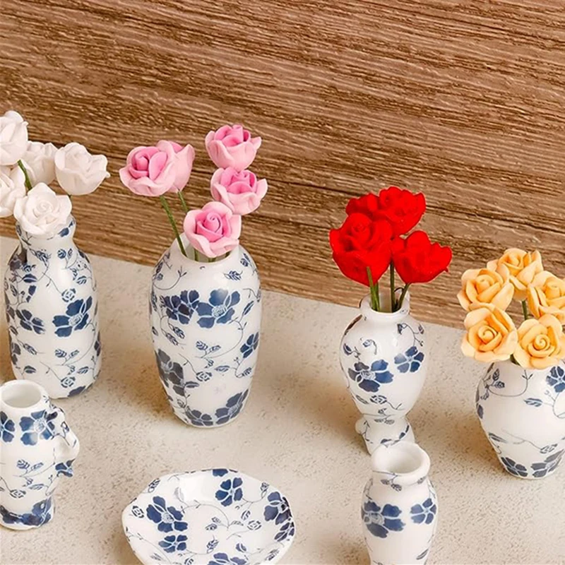 7Pcs Dollhouse Chinese Style Miniature Ceramic Porcelain Vase Mini Flower Bouquet Container Fairy Garden Scene Decor Accessories