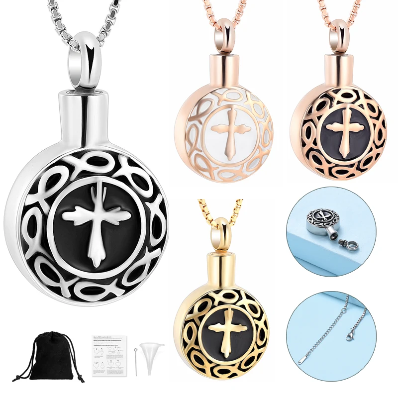 

Cross Print Cremation Urns Pendant Ashes Keepsake Jewelry For Human Ashes Memorial Necklace Stainless Steel