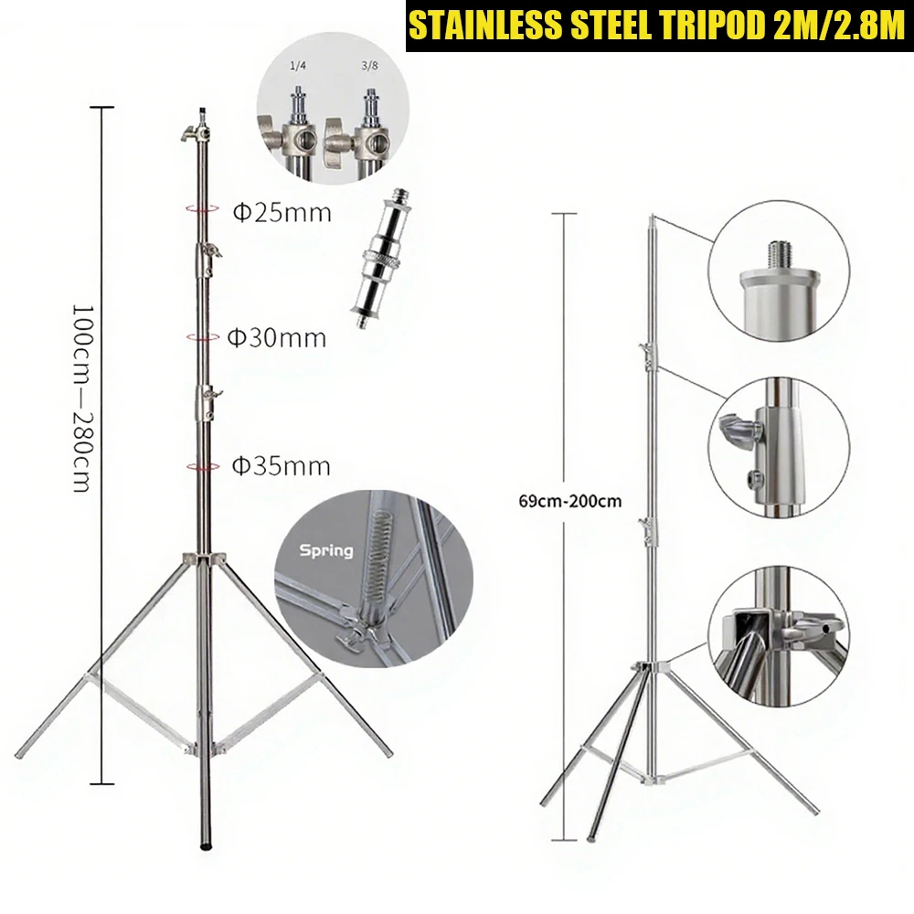

SH 2.8M Stainless Steel Light Stand Photography Stand Spring Cushioned Heavy Duty Stand Tripod for Photo Video Lighting