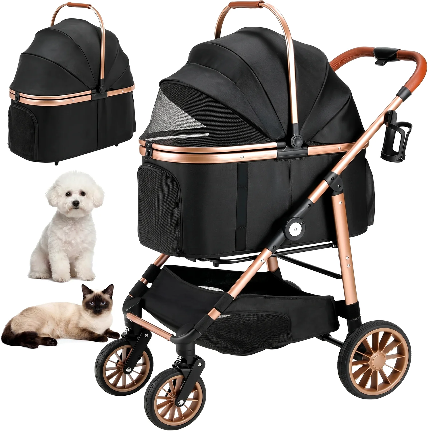 Foldable Pet Stroller for Medium Dog Cat Up to 55 lbs,All-Terrain 3-in-1 Dog Stroller with Carrier,Storage Basket,Cup Holder