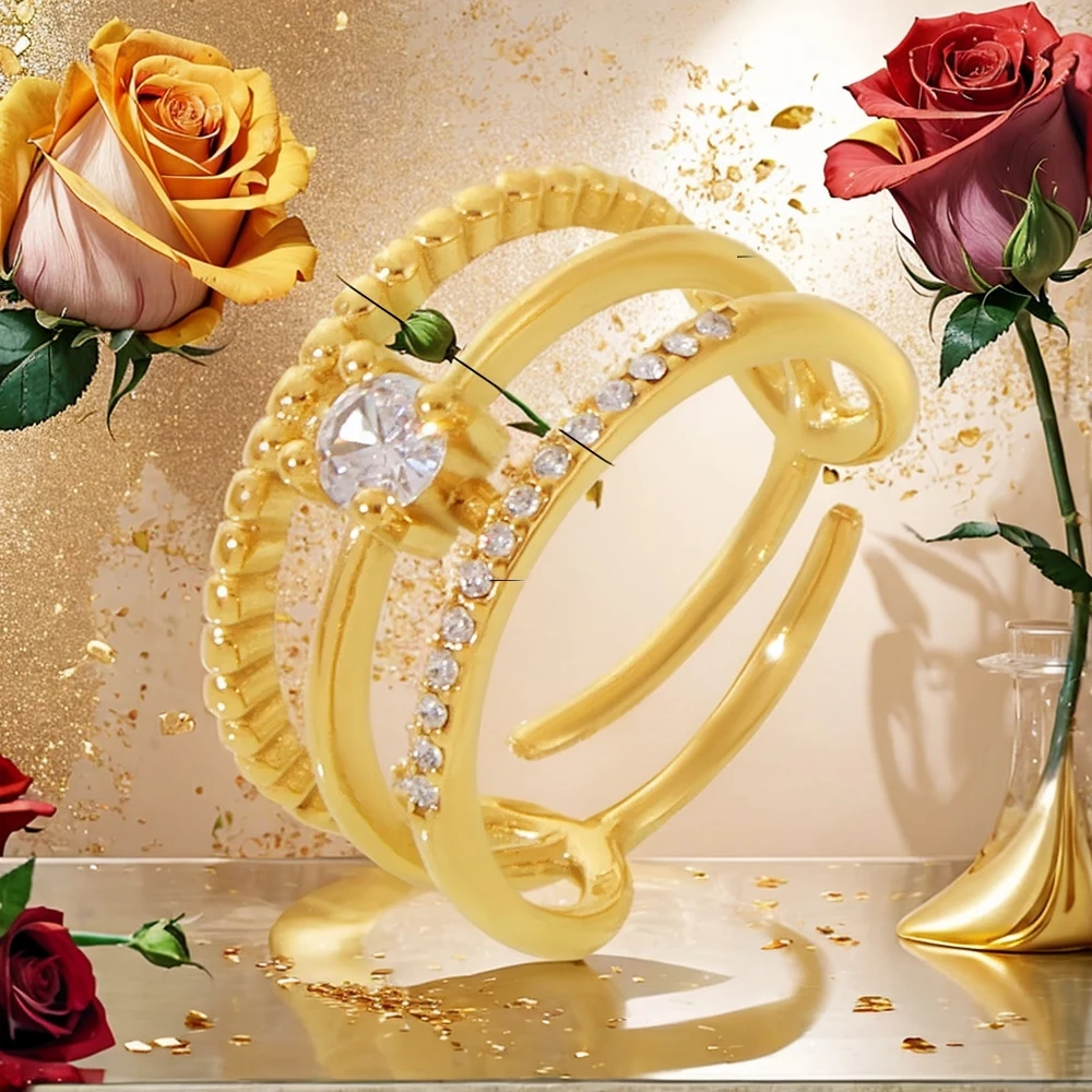 

Three Layer Zircon Ring Adjustable Open Stackable Stainless Steel Gold-plated Index Finger Women's Jewelry Fashion Accessories