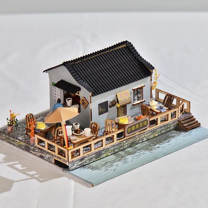 DIY Wooden Doll Houses Jiangnan Town Tea House Casa Miniature Building Kit Dollhouse with Furniture for Girls Birthday Gifts