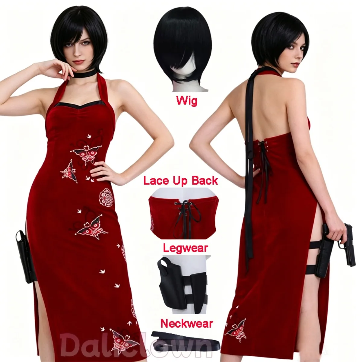 Disfraz de Cosplay de Ada Wong de Resident Evil 4, Uniforme, Peluca, Servicio Secreto de Cine, Halloween, Cheongsam Rojo, Lencería, Traje de Cosplay para Mujer