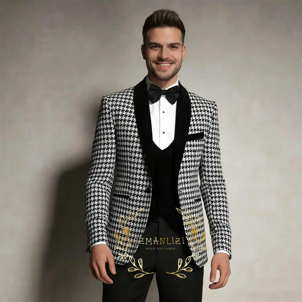 

Мужские костюмы в итальянском стиле, комплекты из 3 предметов, мужские пиджаки для ужина, выпускного вечера, индивидуальные смокинги для жениха с узором «гусиные лапки», облегающий костюм Homme