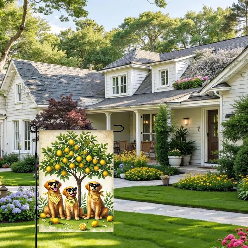 1PC 2D Flat Summer Garden Flag with Three Golden Retriever Dogs Wearing Sunglasses Lemon Tree Background Lemon Fruits Yellow PPM