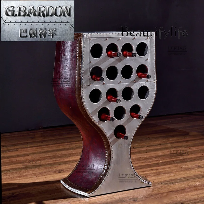 Red Bar Wine Cabinet Aluminum Leather Rivets Personalized Creative Wine Glass Shaped Side Cabinet Retro Industrial Wind Metal