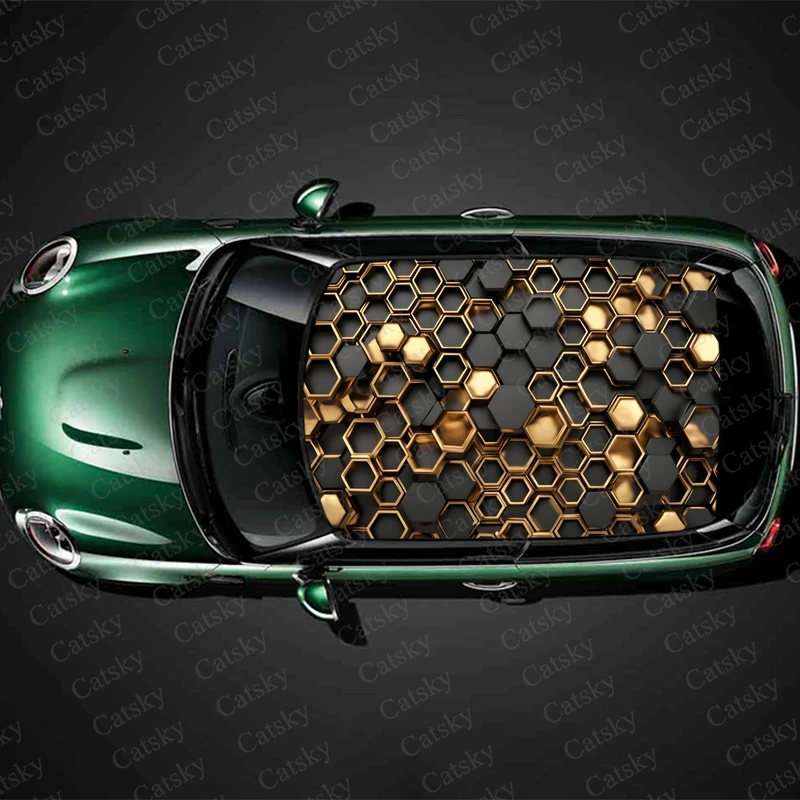 

Abstract Golden Hexagonal Car Roof Sticker Wrap Racing SUV Accessories Packaging Painted PVC Custom Car Graphic Decal