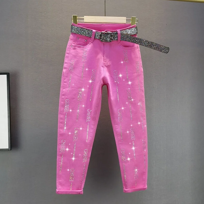 

Уличная одежда, джинсы со стразами, женские тонкие джинсы Y2k с высокой талией, розовые брюки Deembali 2, летние узкие укороченные брюки, женская одежда Y2k