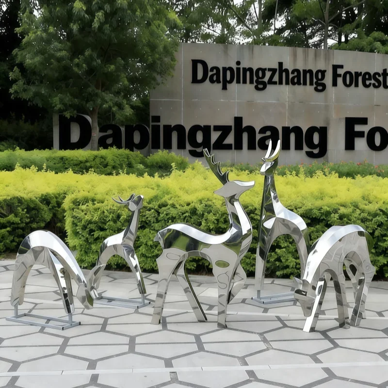 Nn Stainless steel geometric mirror deer sculpture Sales office garden lawn decoration villa courtyard large floor ornaments