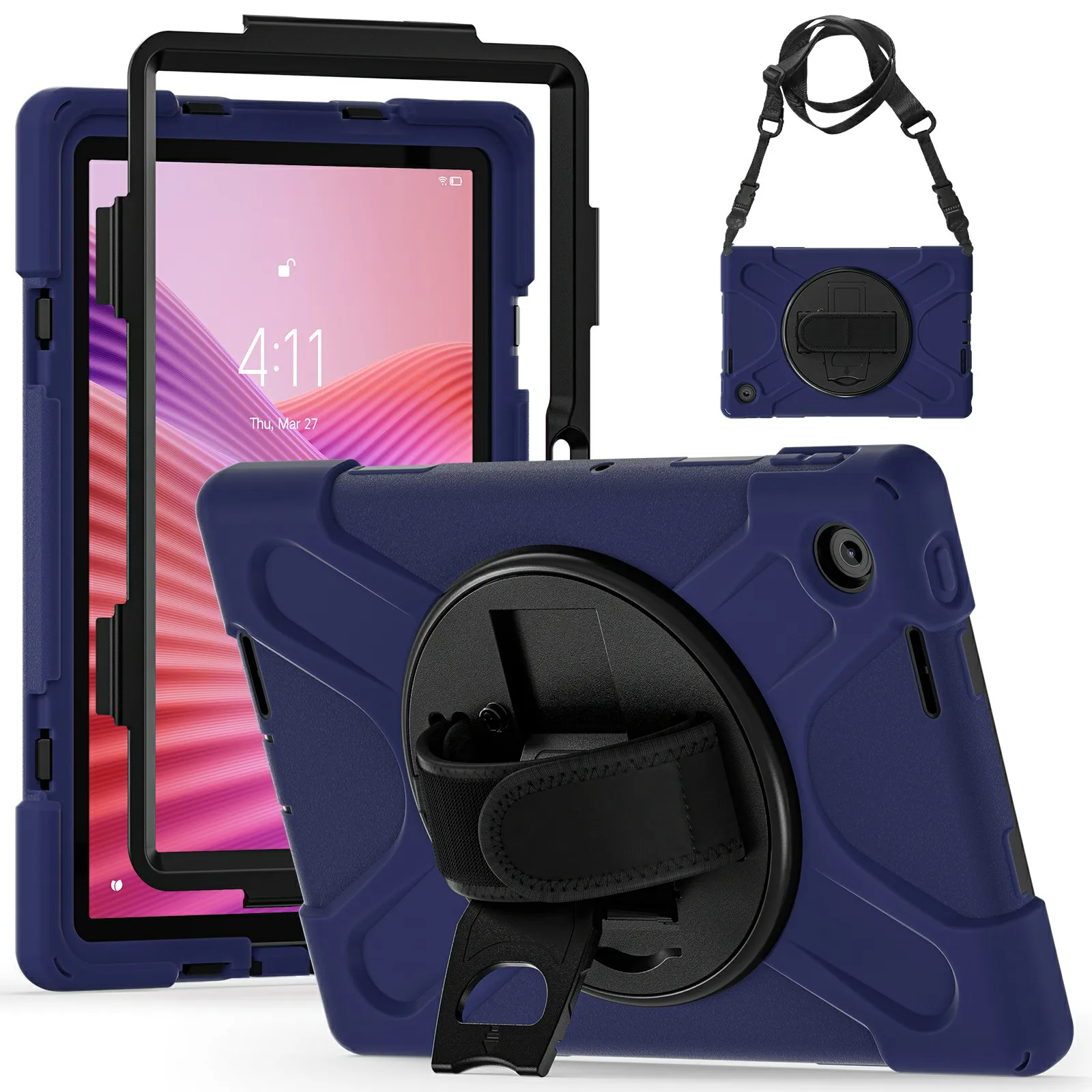 For Lenovo Tab 10.1 (2025) TB311XU / Zhaoyang K10C Kickstand Case TPU PC Silicone Tablet Cover with Shoulder Strap - Navy Blue