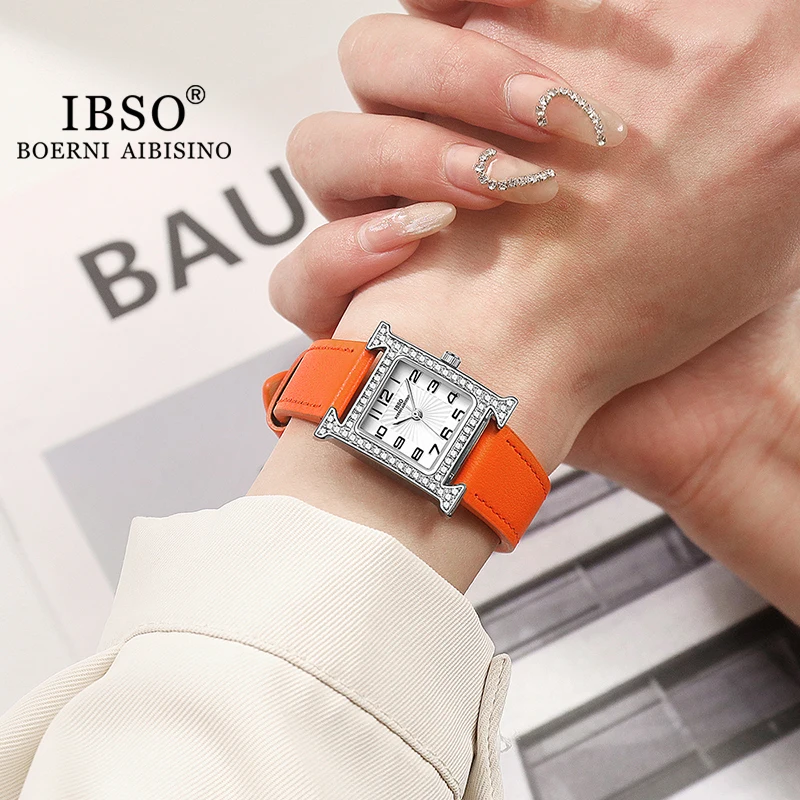 IBSO 2023 New Luxury Women Rectangle Watches Japanese Quartz Movement Ultra-Thin 3ATM Waterproof Full Diamond Genuine Leather