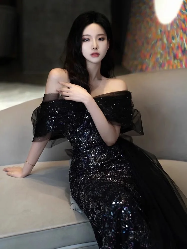

One-shoulder No. 70 evening dress high-end niche temperament sequins adult ceremony slim host fishtail skirt