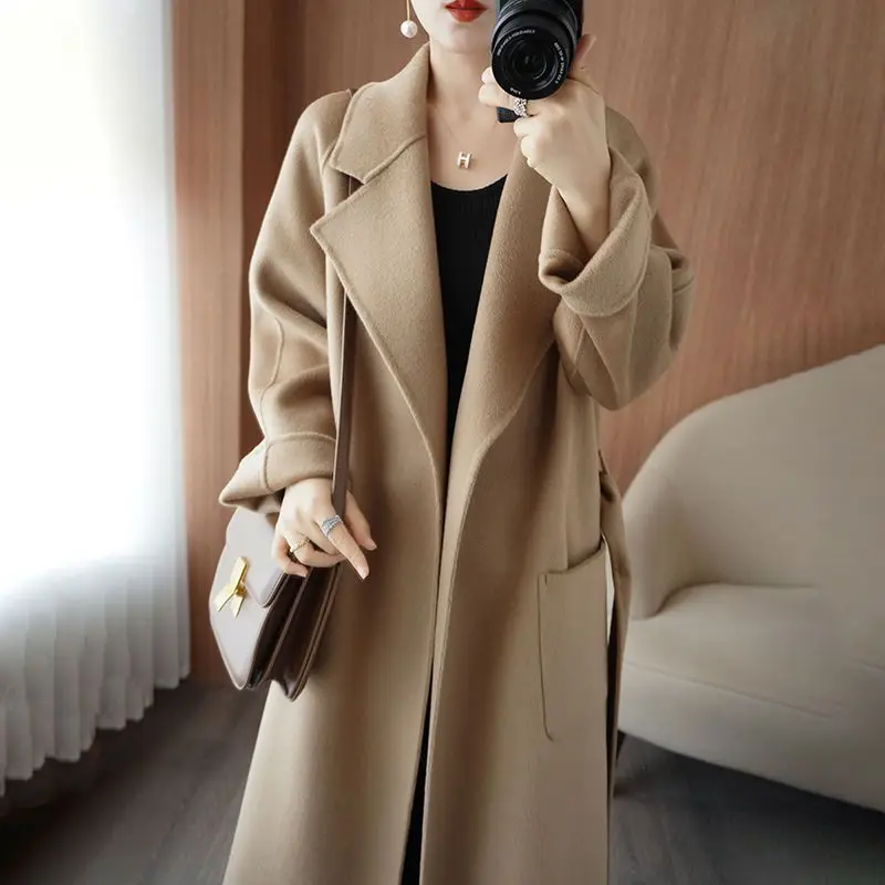 

Women's Turn-down Double-sided Cashmere Woolen Coat Autumn Winter Belt Pocket Casual Coat High-quality Solid Color Jacket
