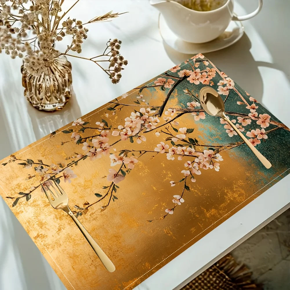 4pcs Gold Chinoiserie Floral Placemats/fashion Print Pattern Table Mat/for Dining Table, Kitchen
