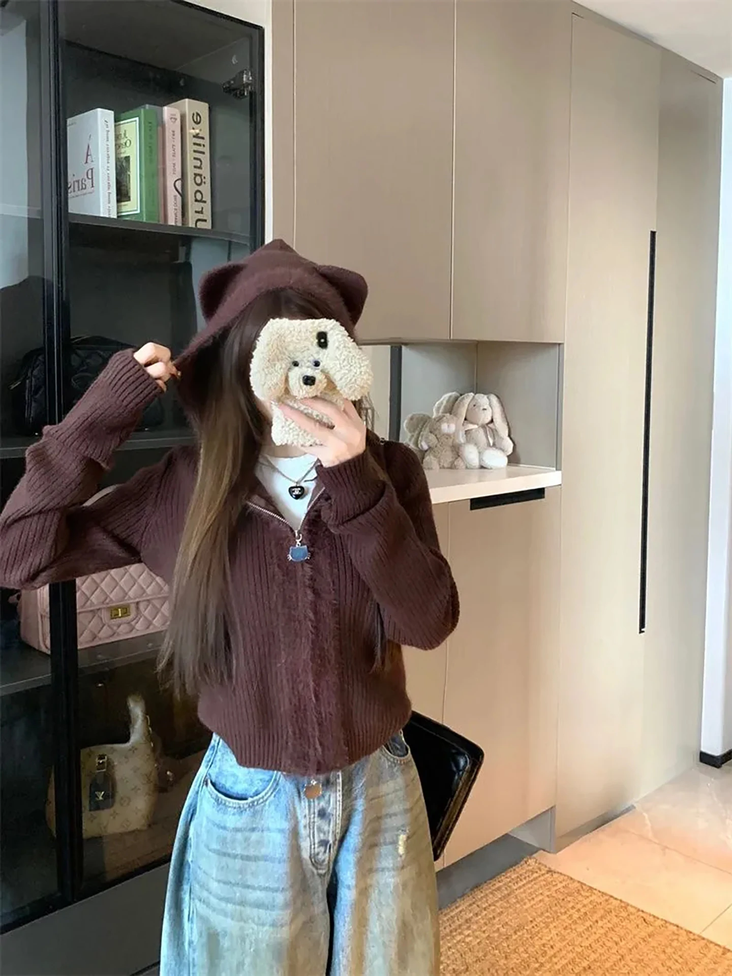 

Свободный вязаный свитер с капюшоном Cute Bear Long Sve, женский осенне-зимний новый топ Sle Gentle Wind ort Top Girl's Faion