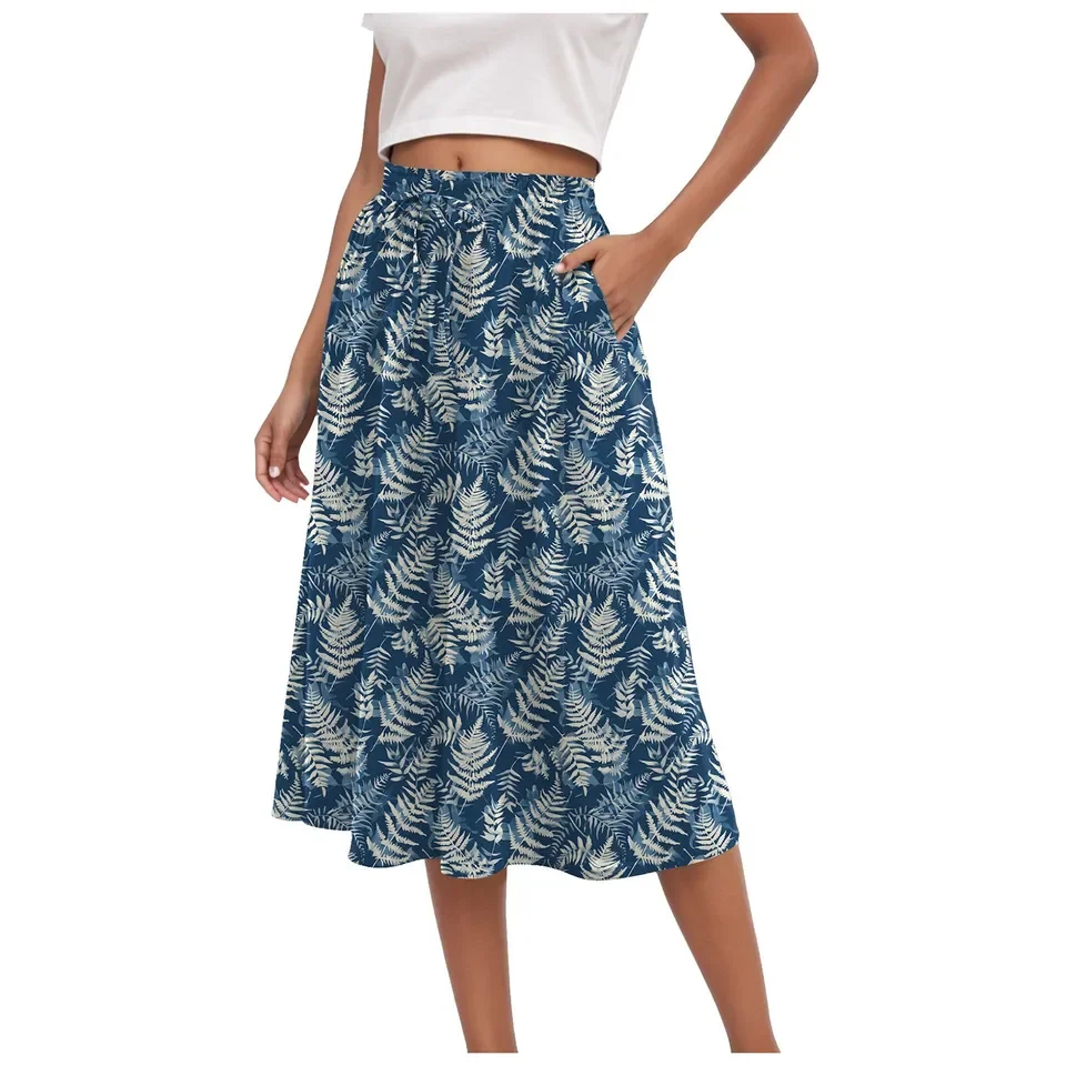 Summer Women Floral Print Skirts Bohemian High Waist Midi Length Skirt With Pockets Ladies A-Line Swing Beach Skirts Faldas