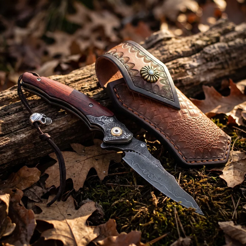 Vintage Engraved Foldable Knife Damascus Pattern Blade Solid Wood Handle Portable Daily Carry Collectible Pocket Knives