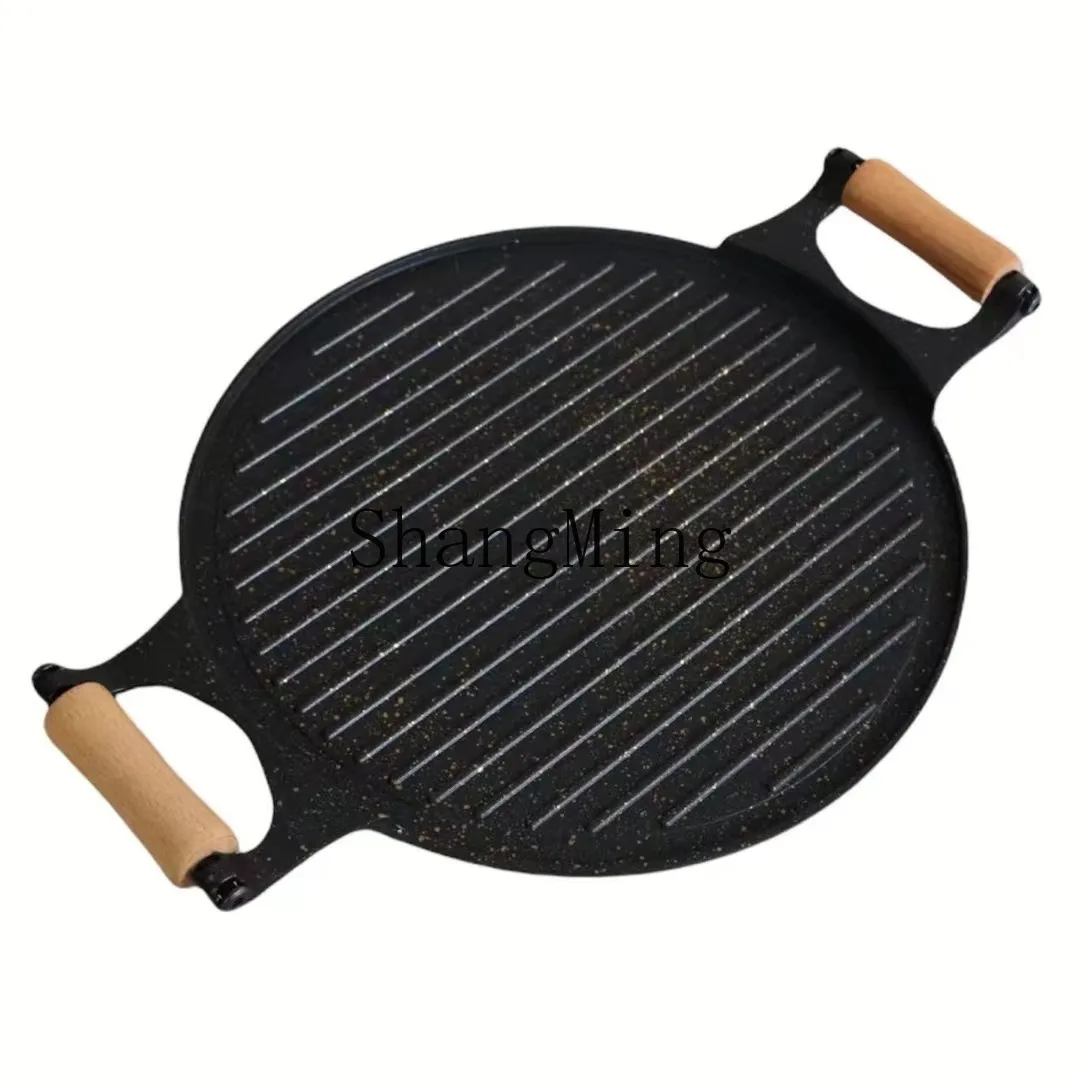 

CL Outdoor Camping Home Grill Pan Fry Grill Plate Round Portable Universal Omelette Plate Wooden Handle Amphora BBQ Plate