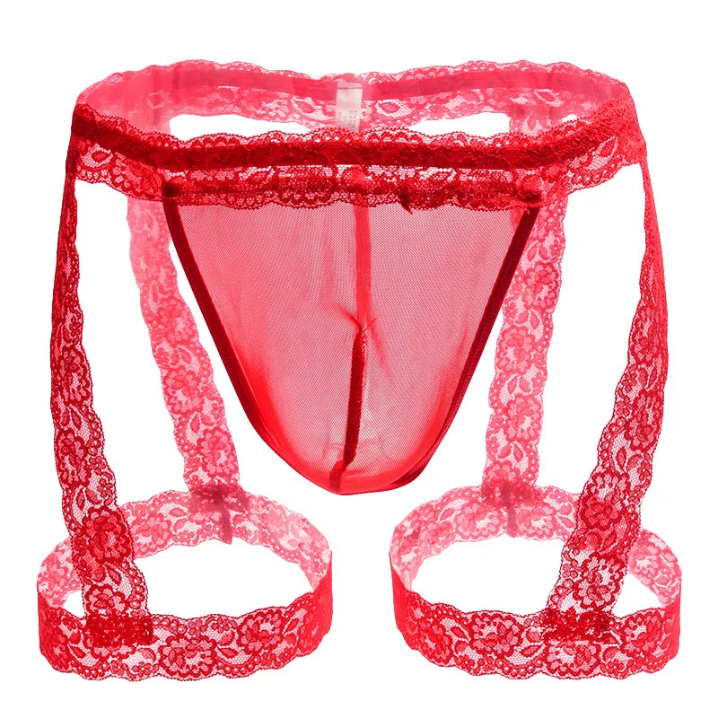 Men Sexy Lace Thong Pink Underwear Lace Hollow Out Sheer Mesh See Through Gay Erotic Underwear Hollow Out Tie Side Leg Garter