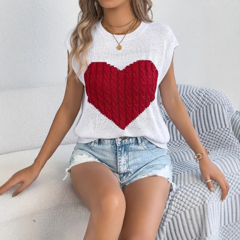 Women's Spring Summer Top Contrasting Colours Heart Motif Loose Fit Knitwear New Comfortable Casual Minimalist Fashionable Niche